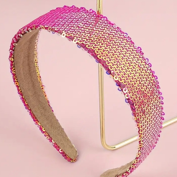 Accessories - New boutique handmade all iridescent sequins flexible wide headband pink
